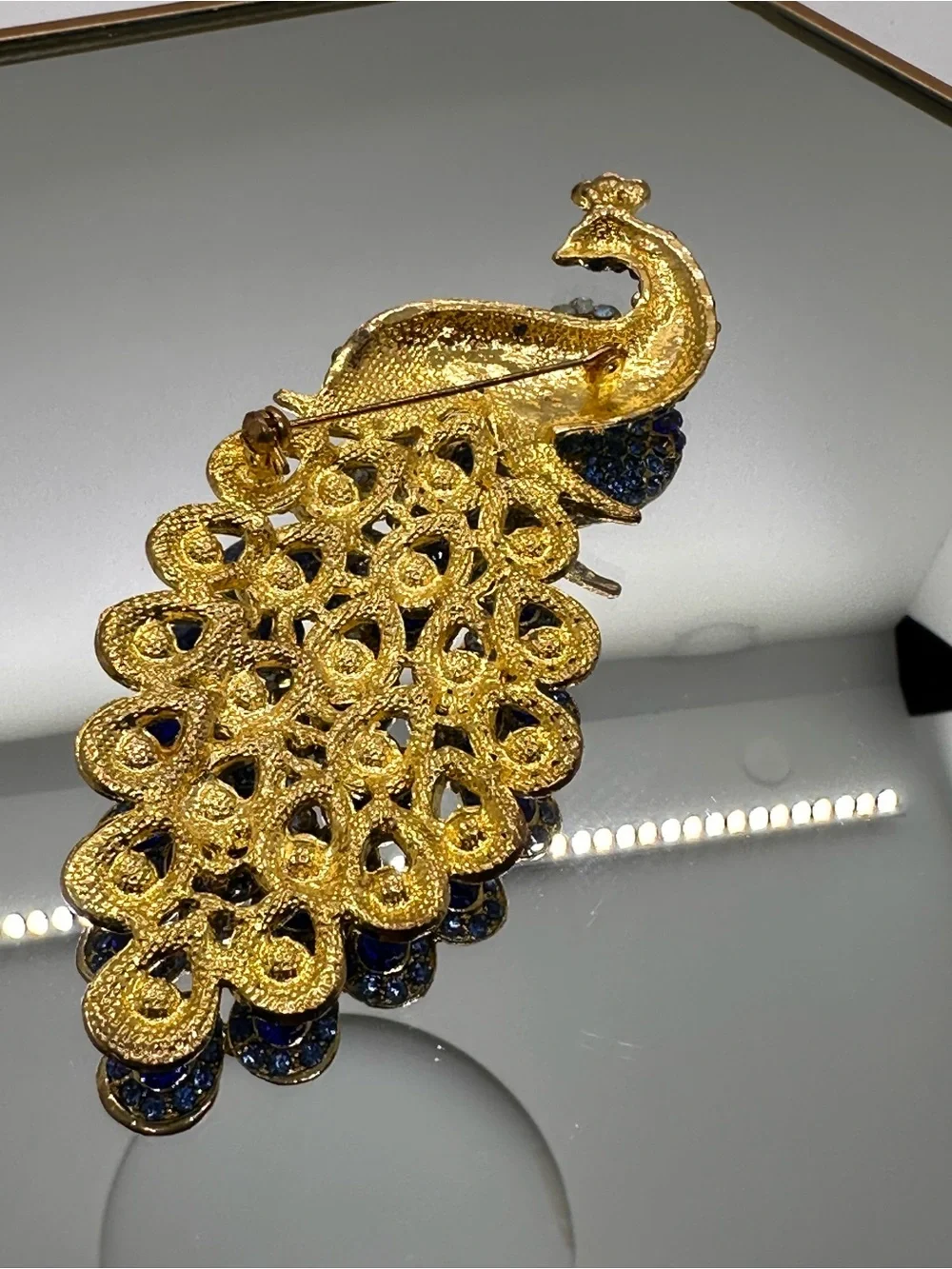 Gold and Blue Peacock Tail Brooch - Women's Jewelry